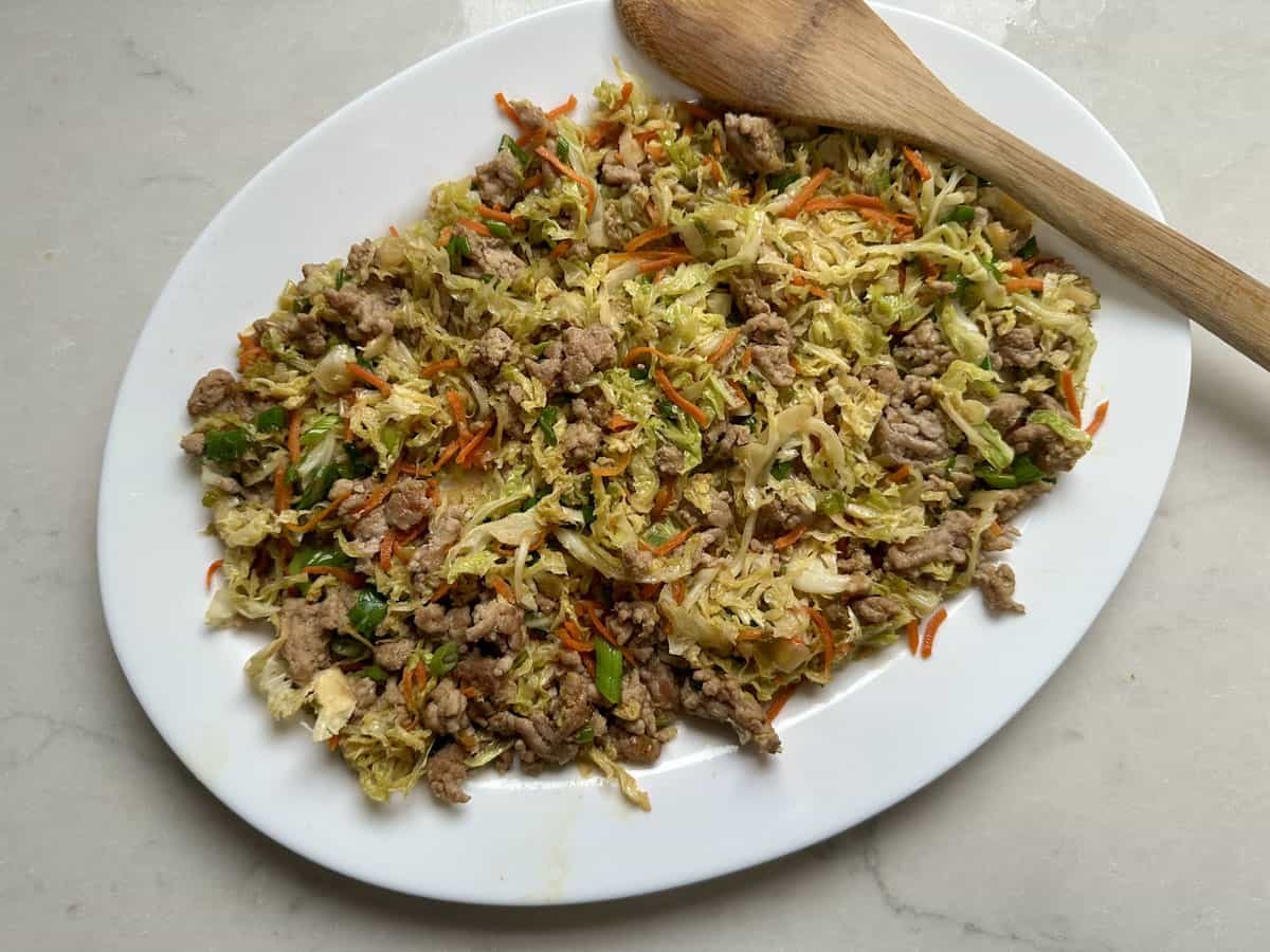 Oval white plate with a stir-fry of shredded cabbage, carrots, scallions, and ground meat, set on a light countertop. A wooden spoon rests on the edge of the plate.
