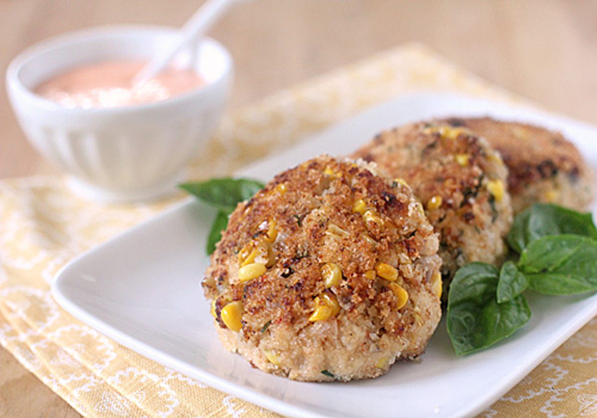 Chicken and Corn Patties with a Roasted Red Pepper Mayonnaise