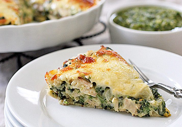 Chicken and Spinach Tortilla Pie with a Roasted Tomatillo Salsa
