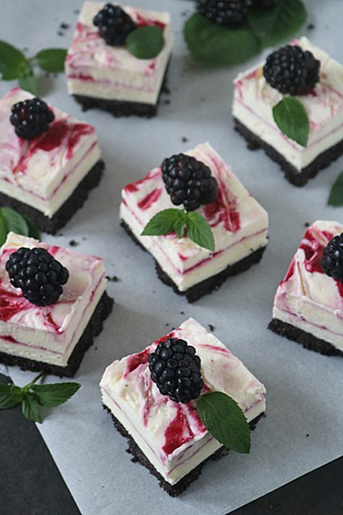 Frozen White Chocolate Cream Cheese Bars with Blackberry Swirl