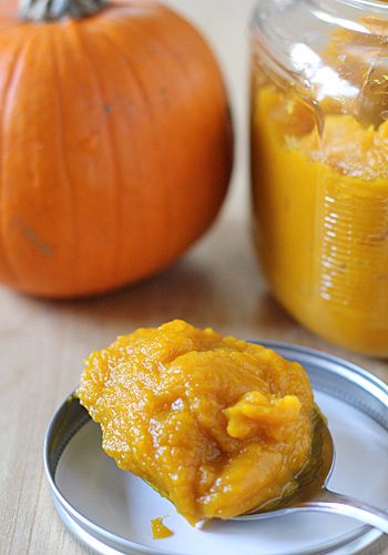 A spoonful of pumpkin puree on a jar lid, with a glass jar of pumpkin puree and a whole pumpkin in the background.