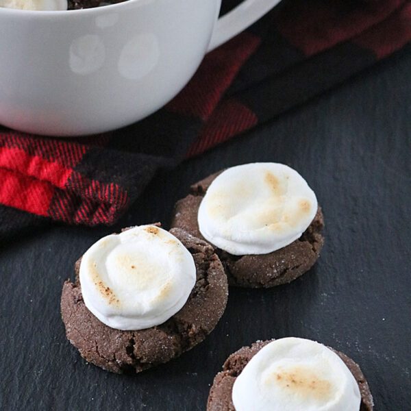 Three chocolate cookies topped with toasted marshmallows sit on a dark surface in front of a white mug holding more cookies. Behind the mug is a red and black checkered cloth.