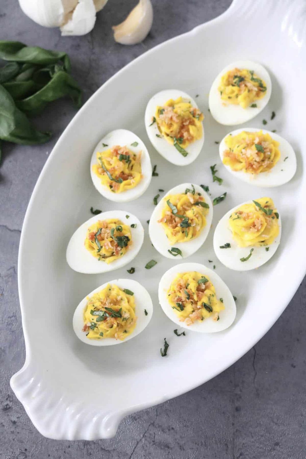 Italian Deviled Eggs with Garlic, Basil, and Parmesan