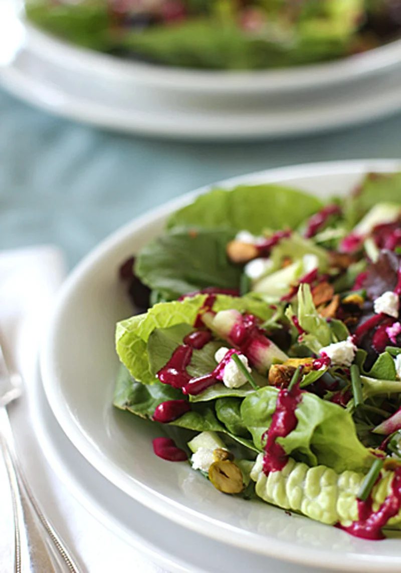Mixed Green Salad with Goat Cheese, Pistachios, and Beet Vinaigrette