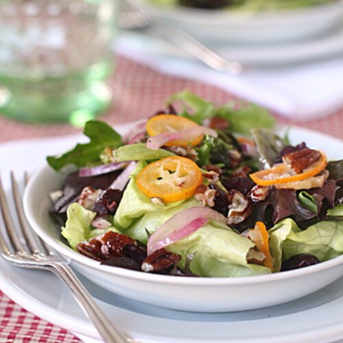 A fresh salad with mixed greens, red onion, dried cranberries, candied pecans, and orange slices is served in a white bowl on a plate, with a fork beside it on a red checkered tablecloth.