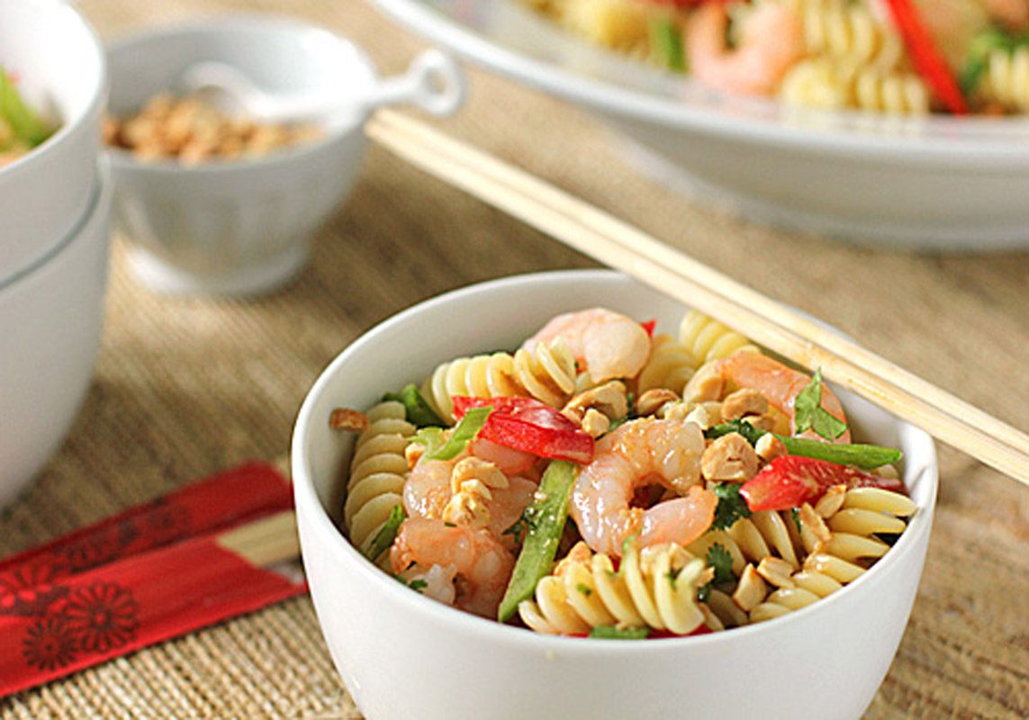 Asian Pasta Salad with Shrimp, Red Pepper, and Honey Roasted Peanuts