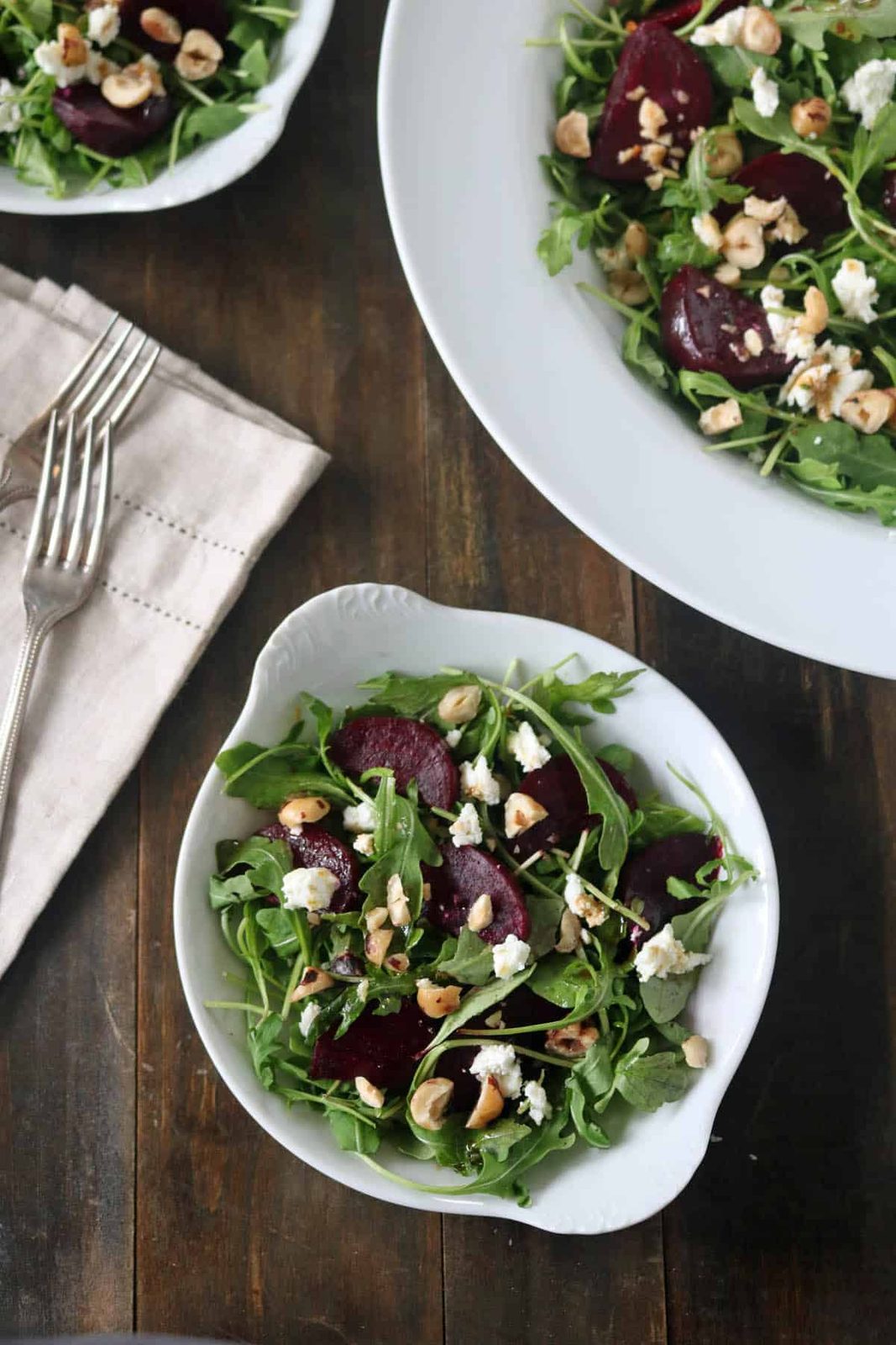 Roasted Beets and Arugula Salad with Goat Cheese and Hazelnuts