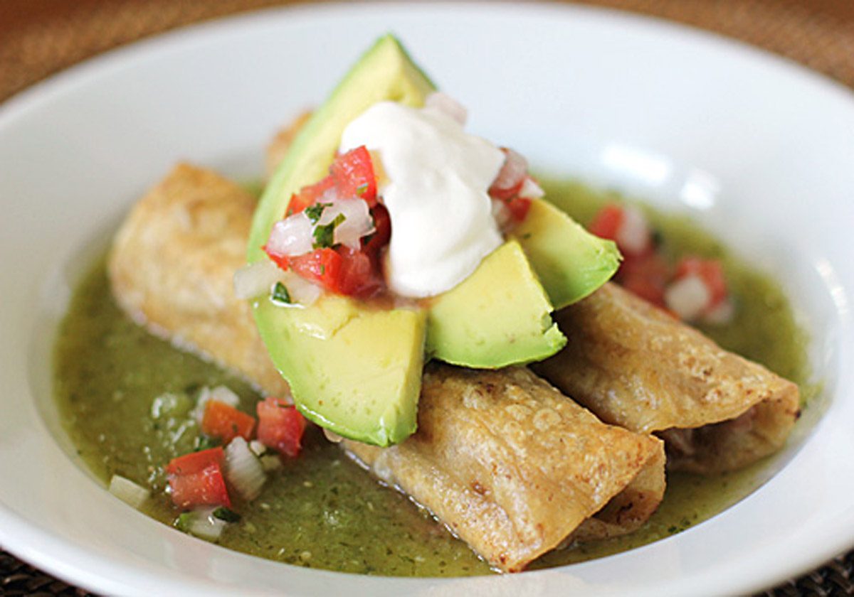Chicken Flautas in a Roasted Tomatillo Broth