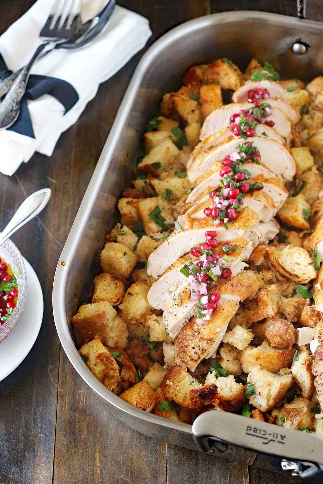 One-Pan Roast Turkey Breast with Stuffing and Pomegranate Sauce