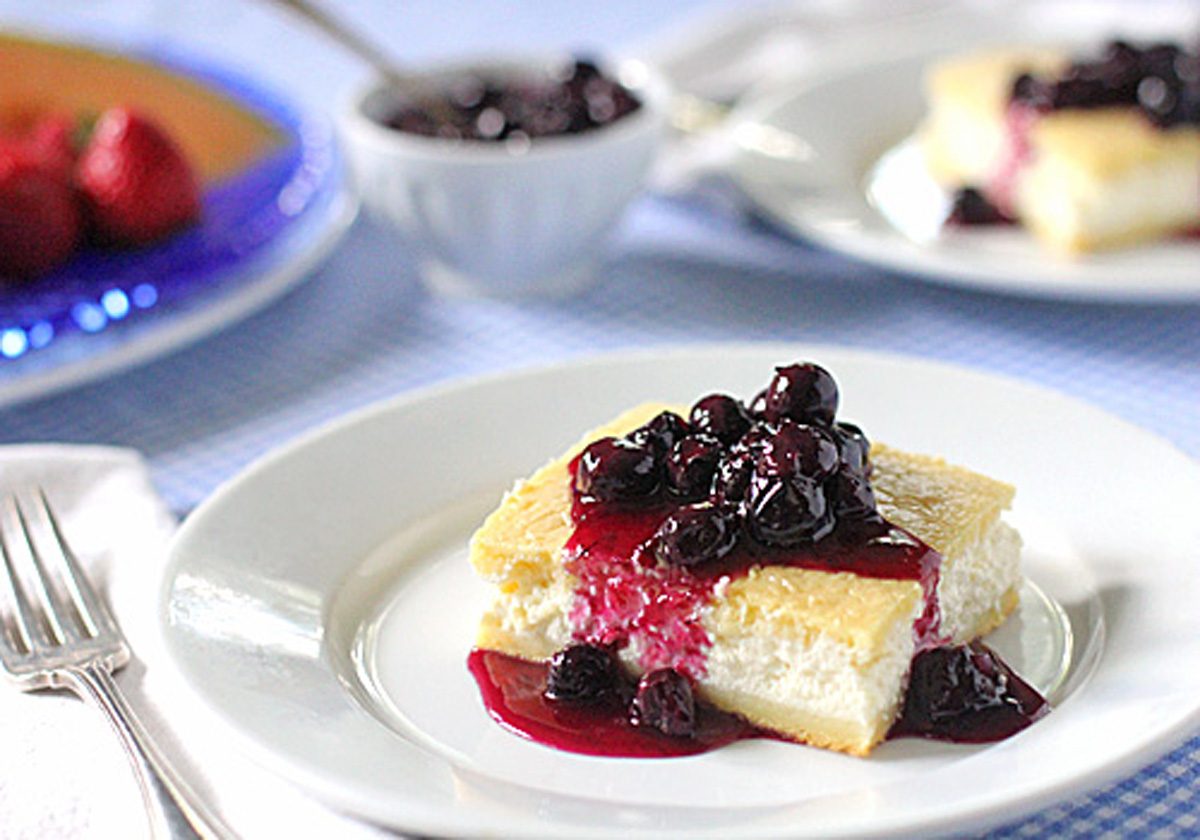 Baked Cheese Blintzes with Fresh Blueberry Sauce