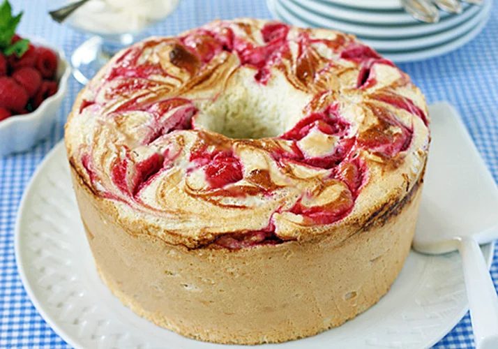 Raspberry-Swirl Angel Food Cake with Crème Fraîche
