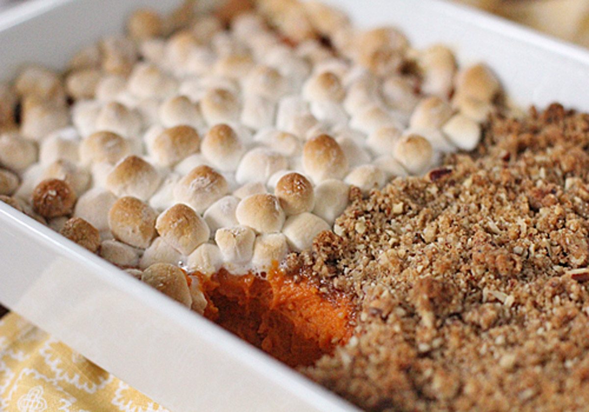 Sweet Potato Casserole with Marshmallows and Pecan Topping