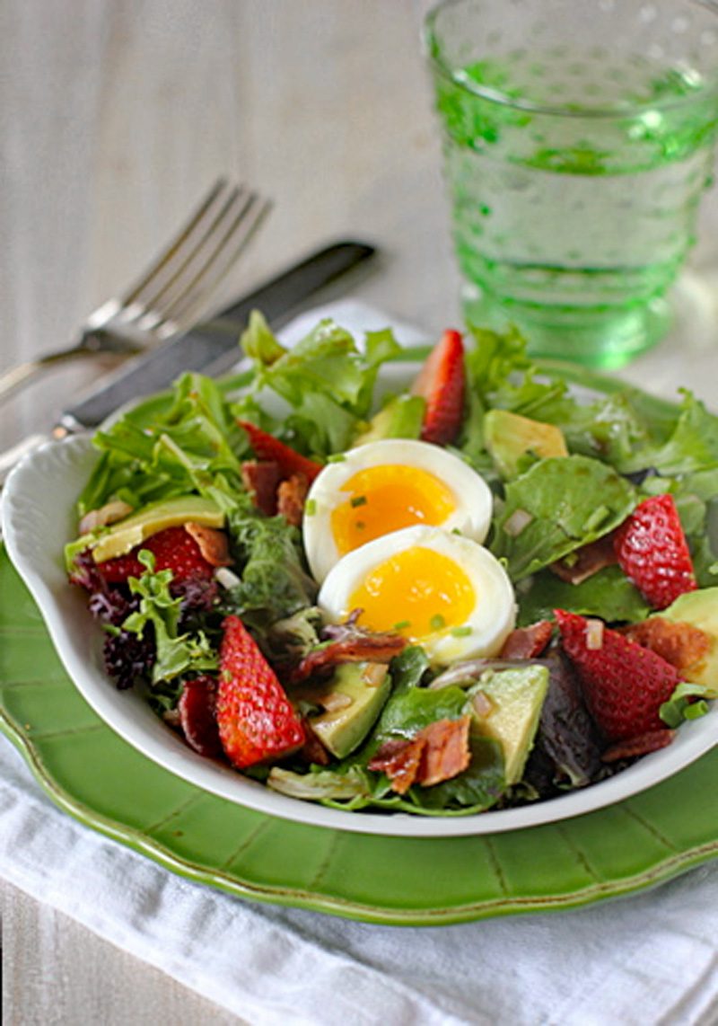 Tossed Greens with Strawberries, Avocado, Bacon, and Soft-Boiled Eggs