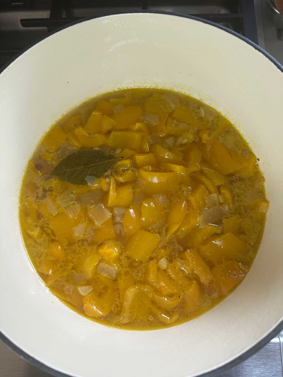 Chunks of yellow squash and diced onions simmer in broth with a bay leaf in a white pot on a stove.